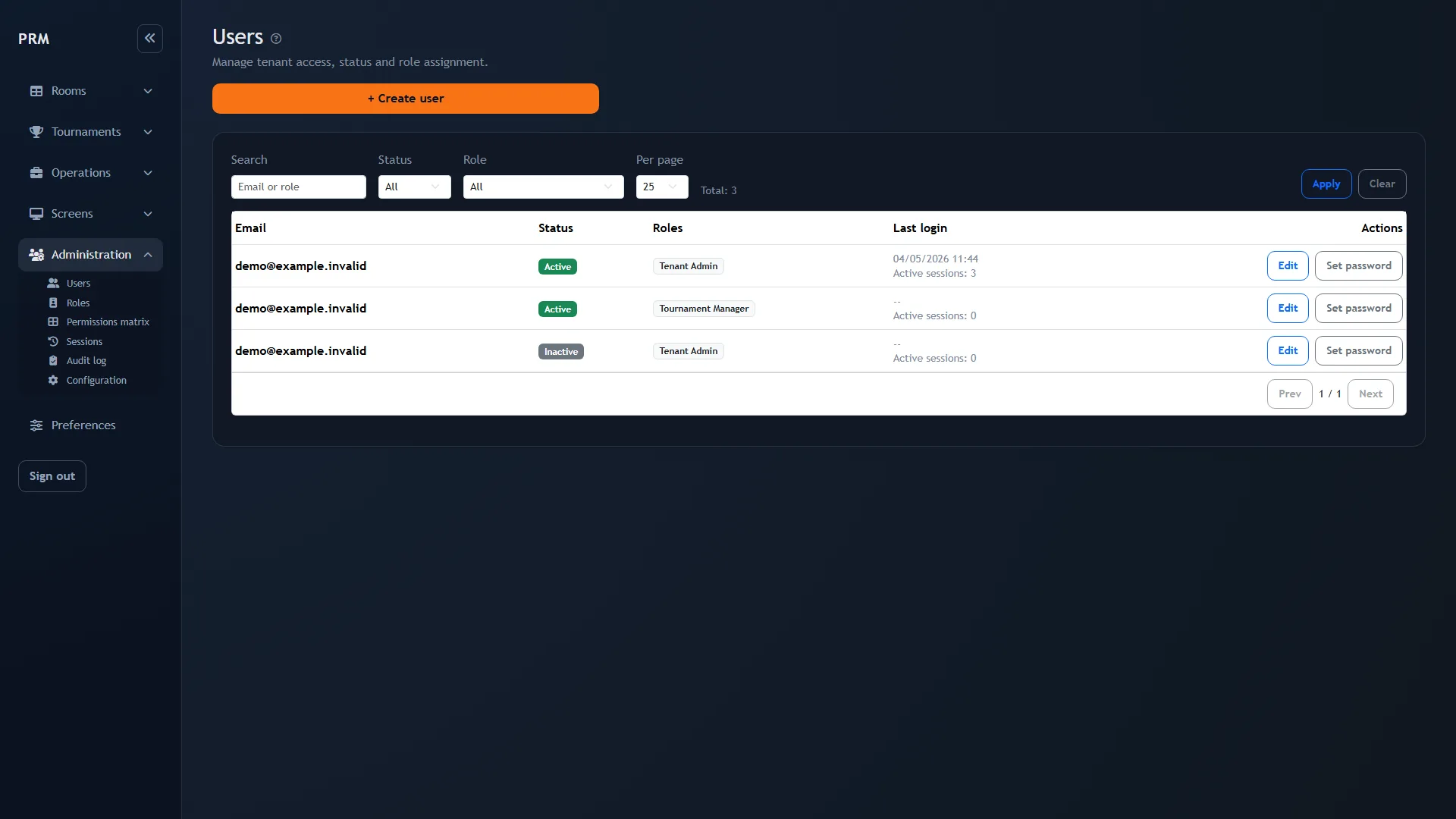 User administration in Poker Room Manager
