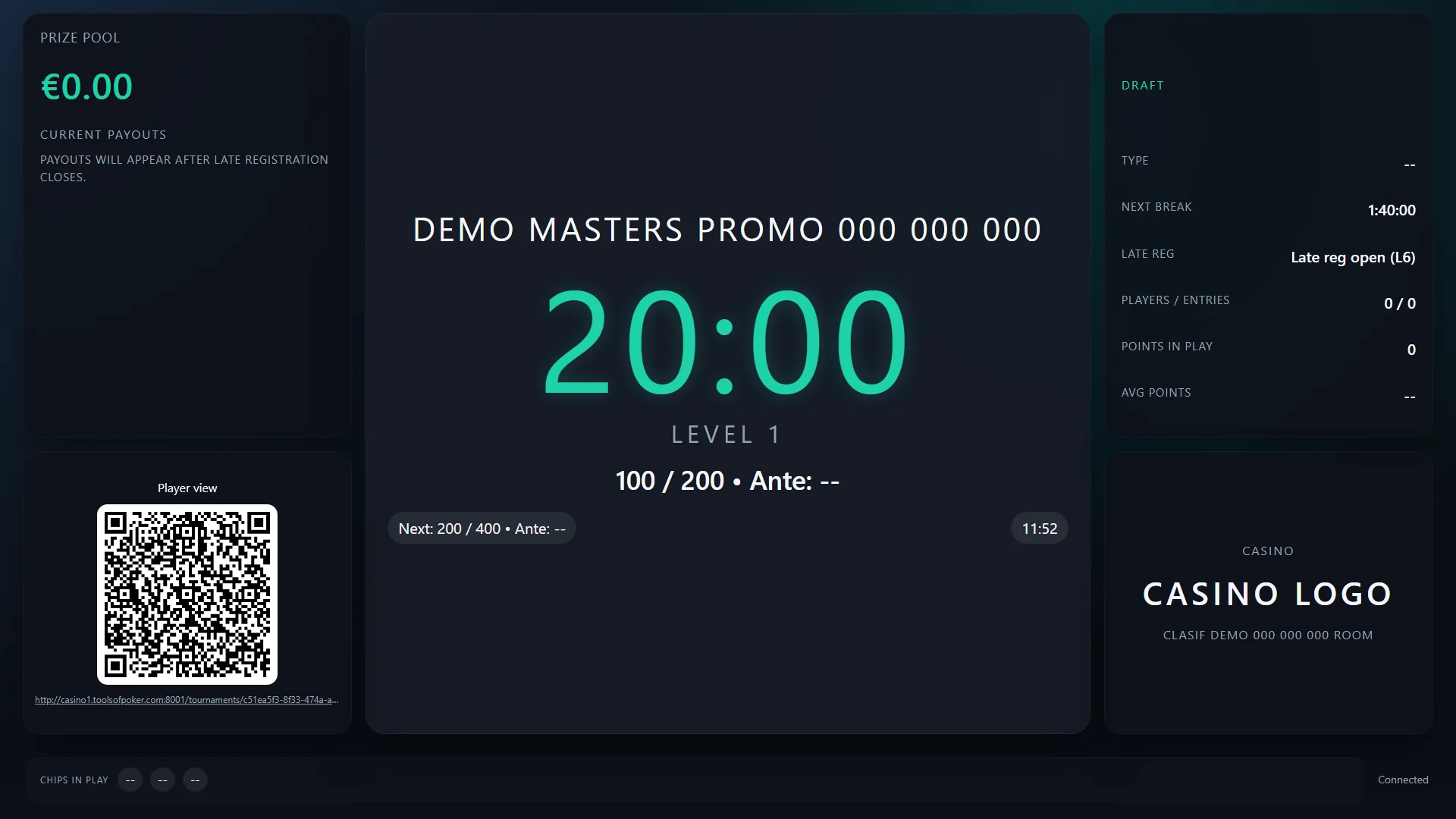 Tournament clock in Poker Room Manager
