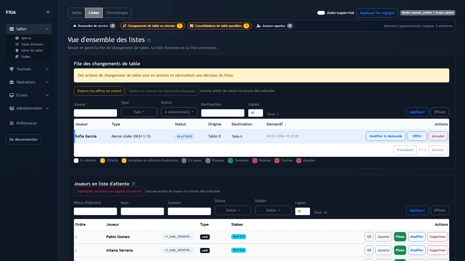 Waitlist active dans Poker Room Manager
